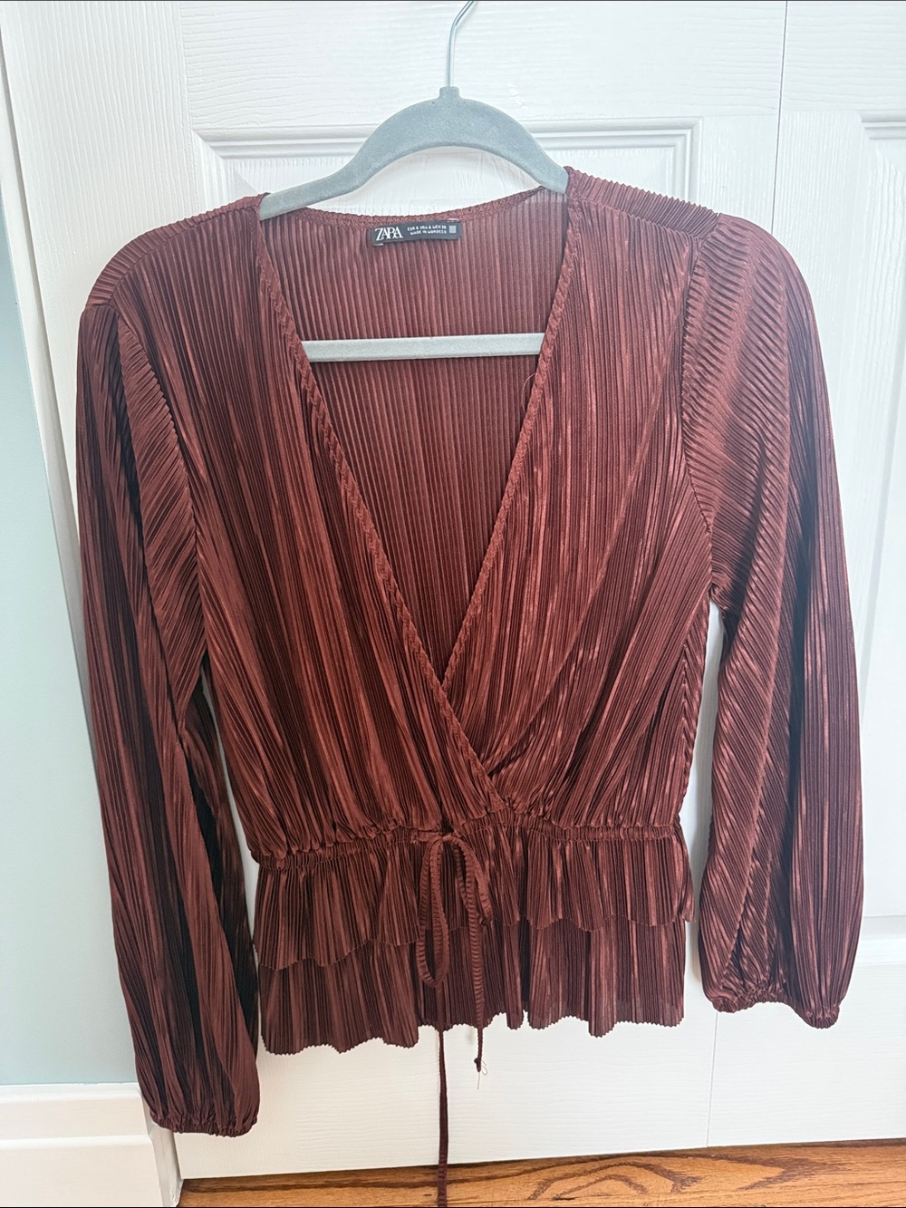 Zara Pleated V-Neck Long Sleeve Blouse